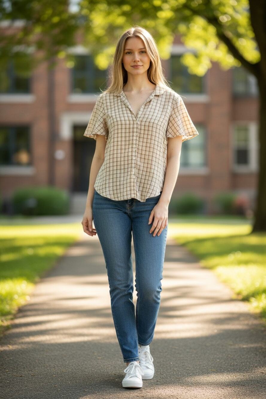 Abercrombie & Fitch Brown White Plaid Short Sleeve Button Front Blouse Size S